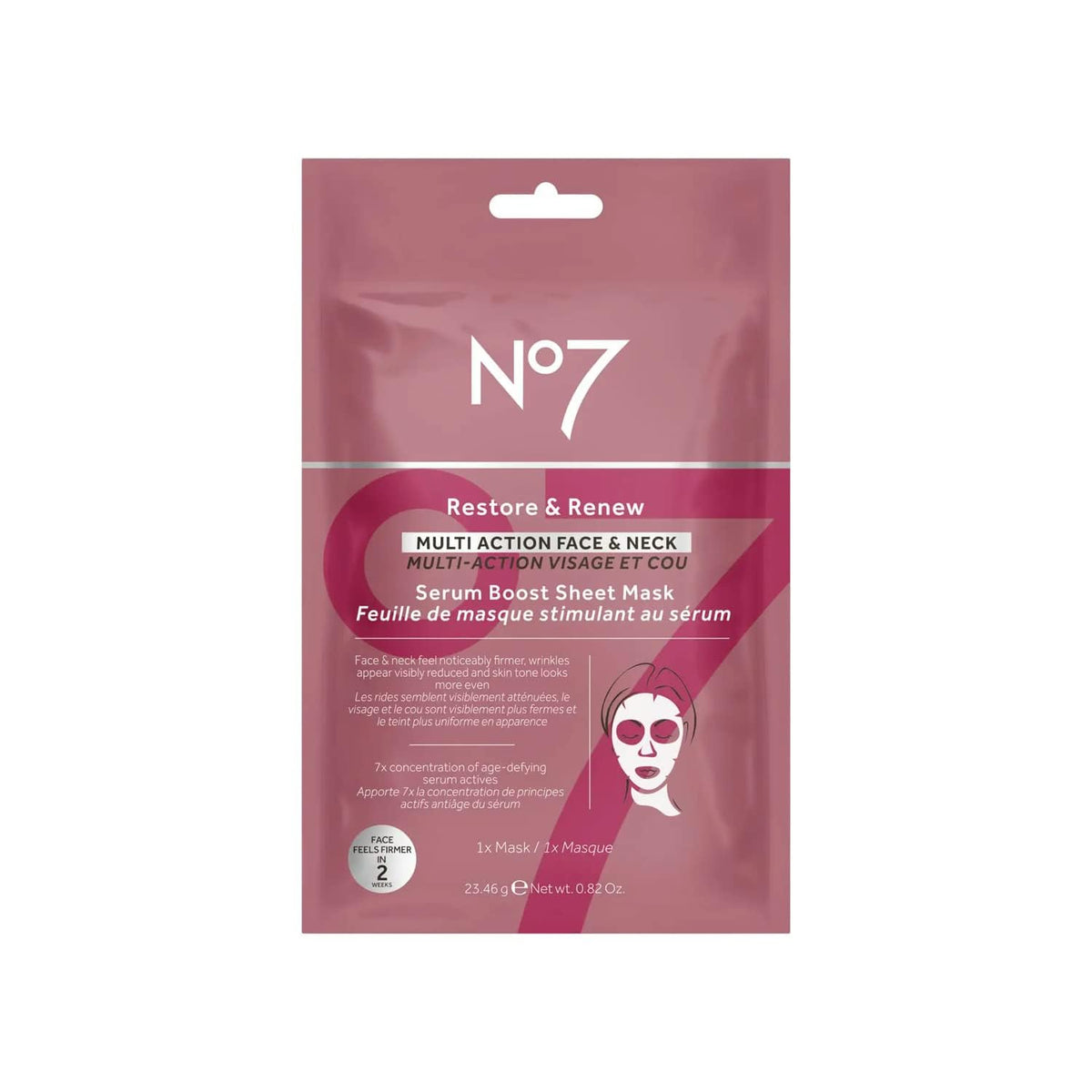Masque en tissu No7 multi-action pour visage et cou, 150g