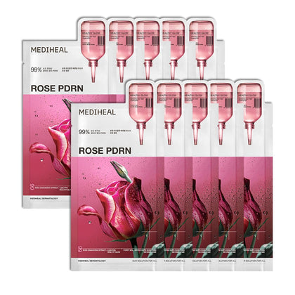 Masque Tissu MEDIHEAL Rose PDRN face avant avec design vibrant