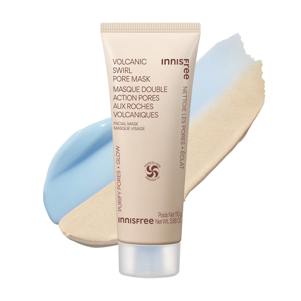 Masque volcanique innisfree 2-en-1 vue avant avec tube bleu