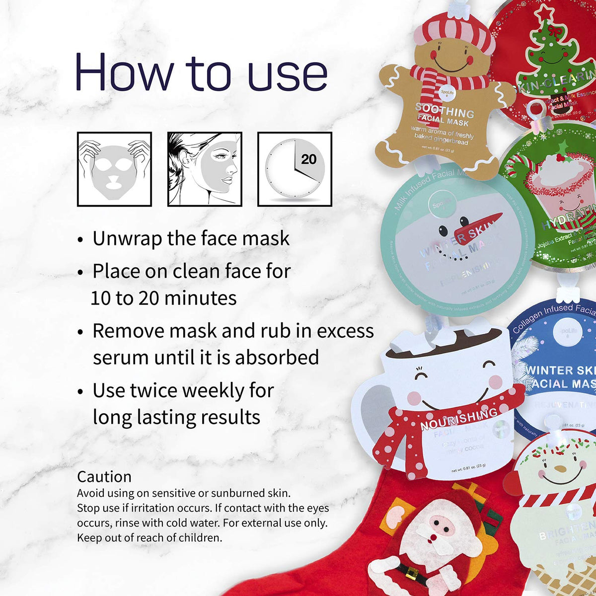Masques de visage SpaLife disposés sur une table décorée pour Noël