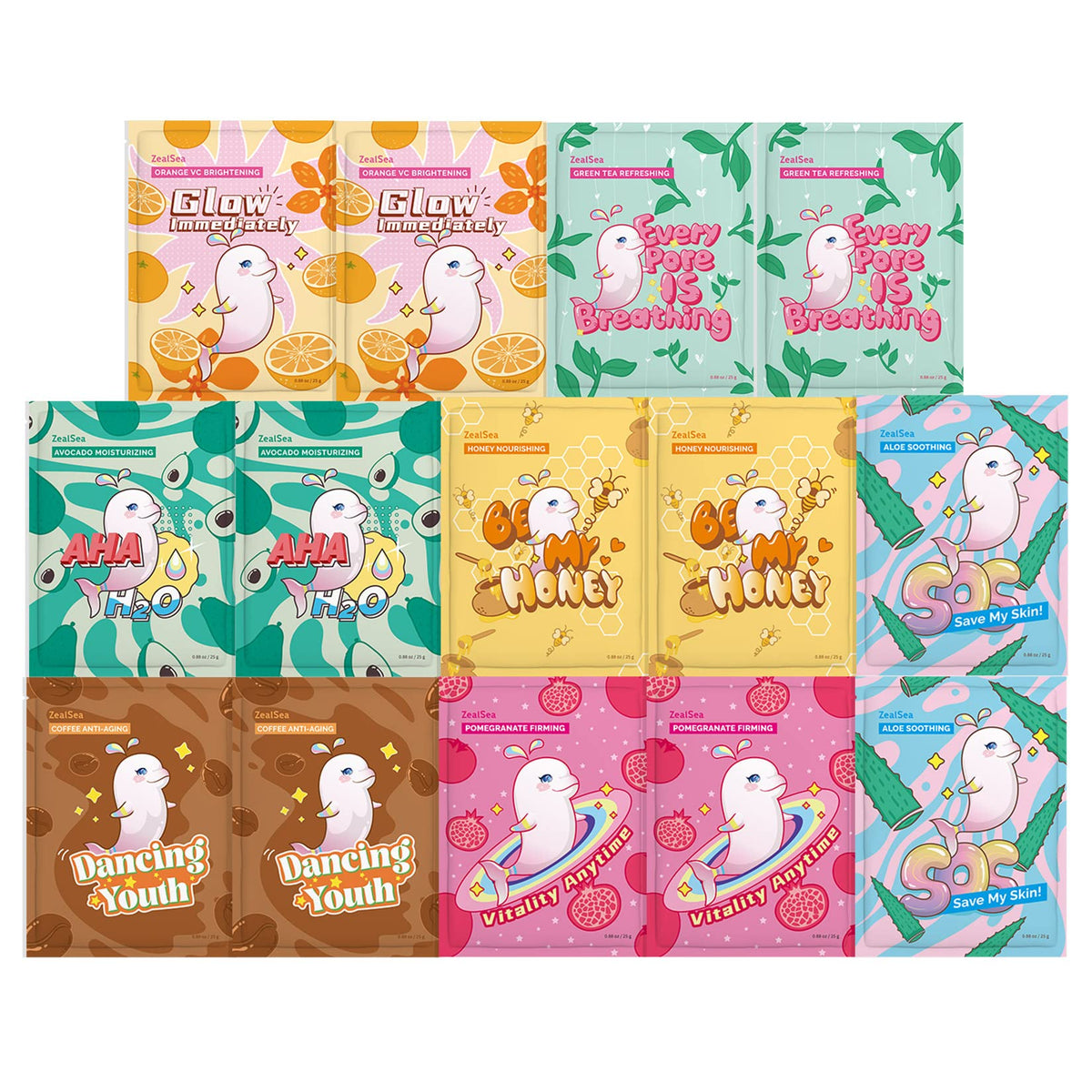 Masques en tissu ZealSea 14 pack avec ingrédients variés