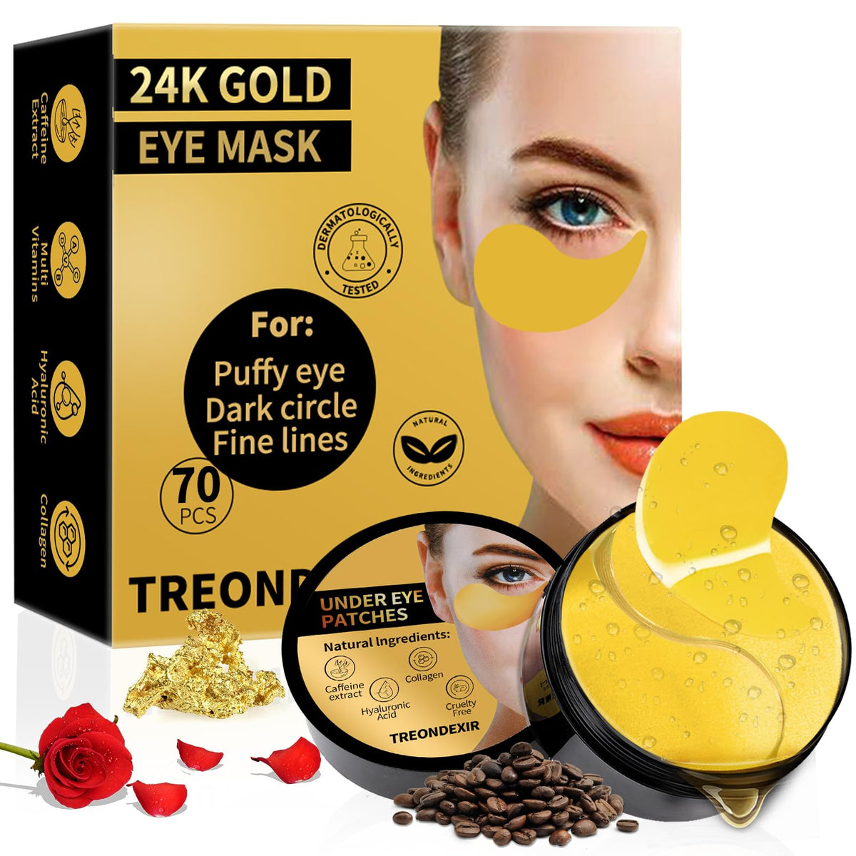 Masques pour les yeux Treondexir en or 24K, paquet de 70 pcs