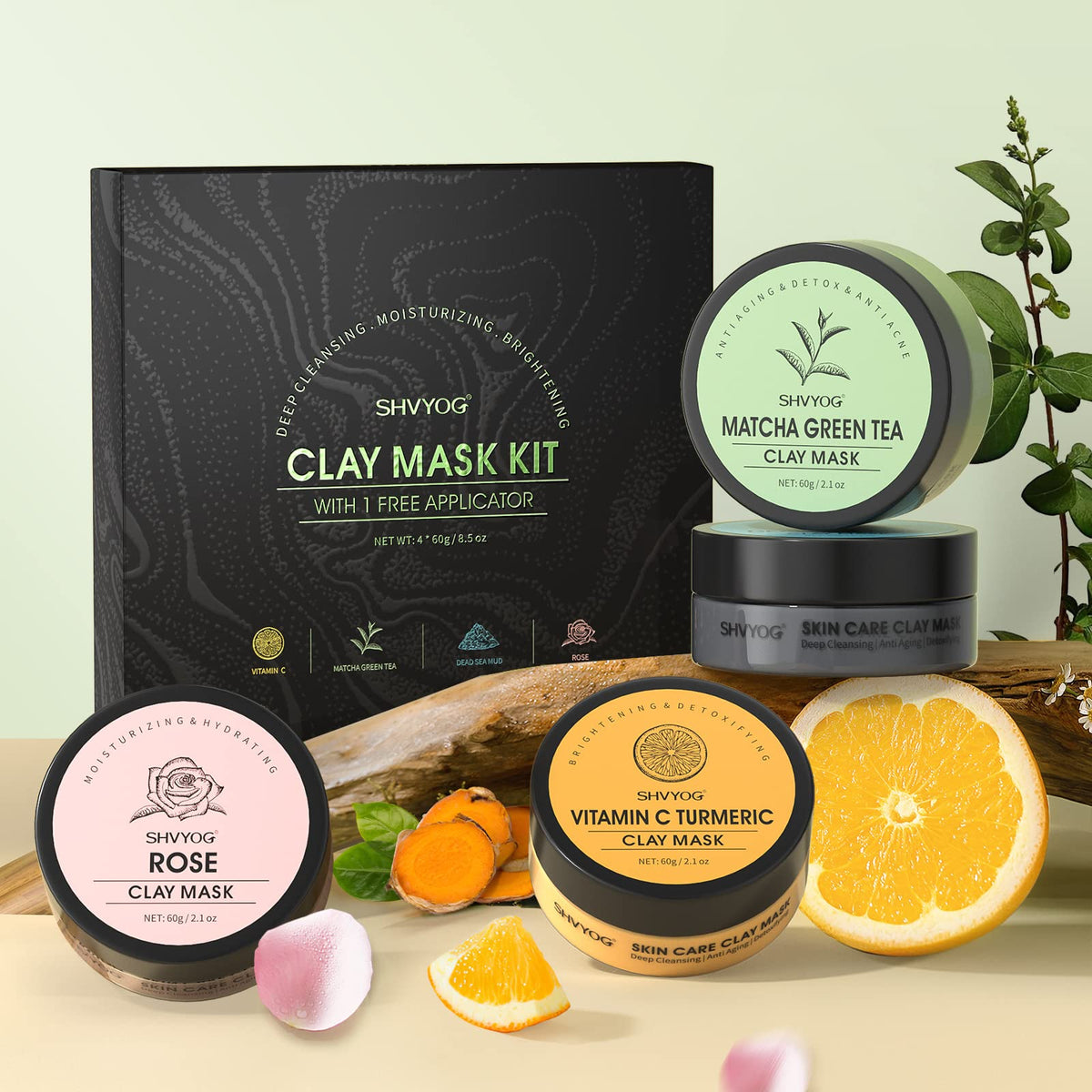 Masques SHVYOG disposés sur une table de spa