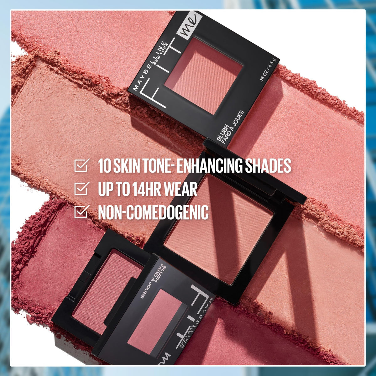 MAYBELLINE Blush Fit Me rose sur une table de maquillage