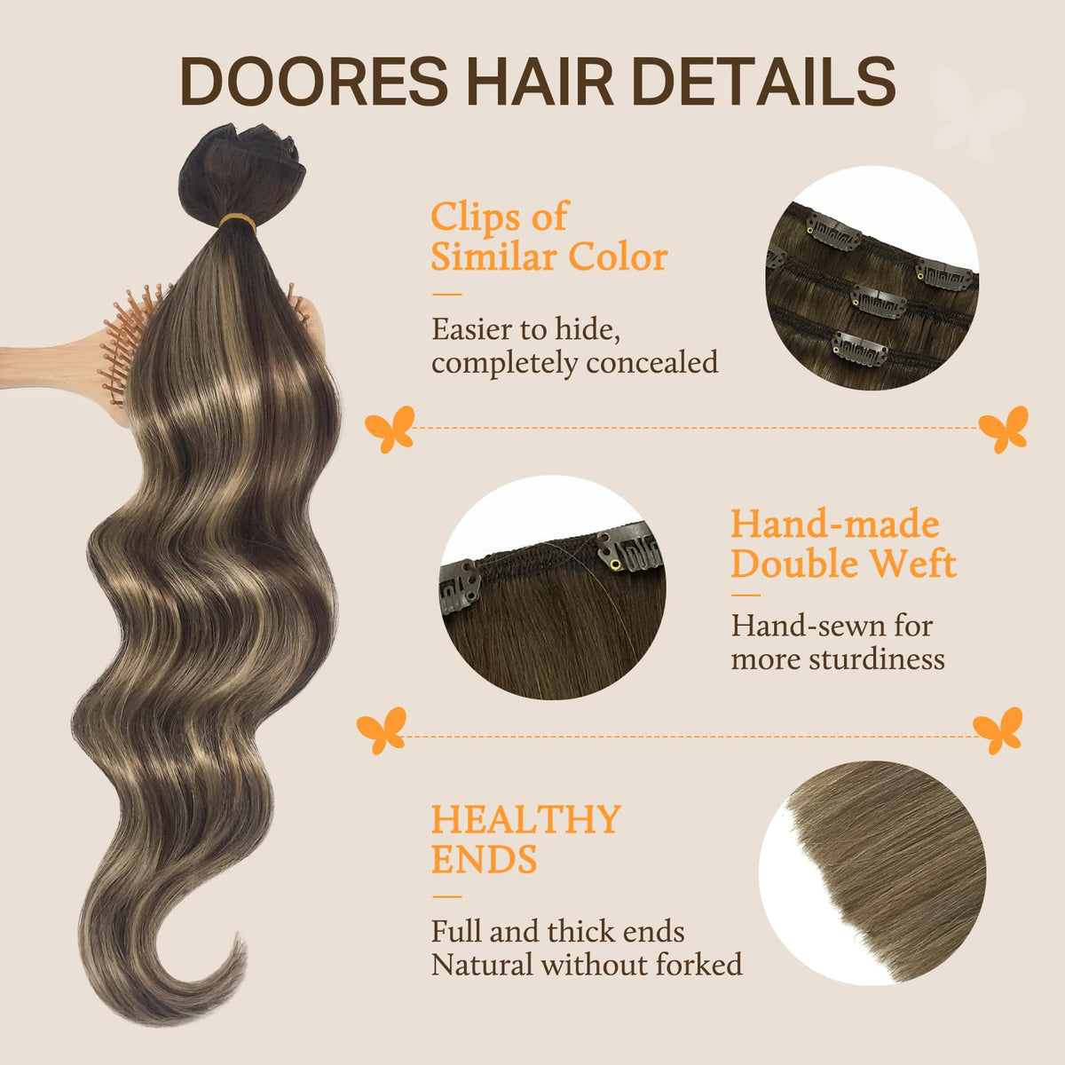 Mèches d'extensions de cheveux DOORES, montrant la texture et la qualité