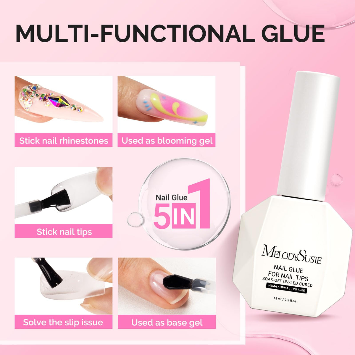 MelodySusie Gel Colle Ongles 5 en 1 avec applicateur