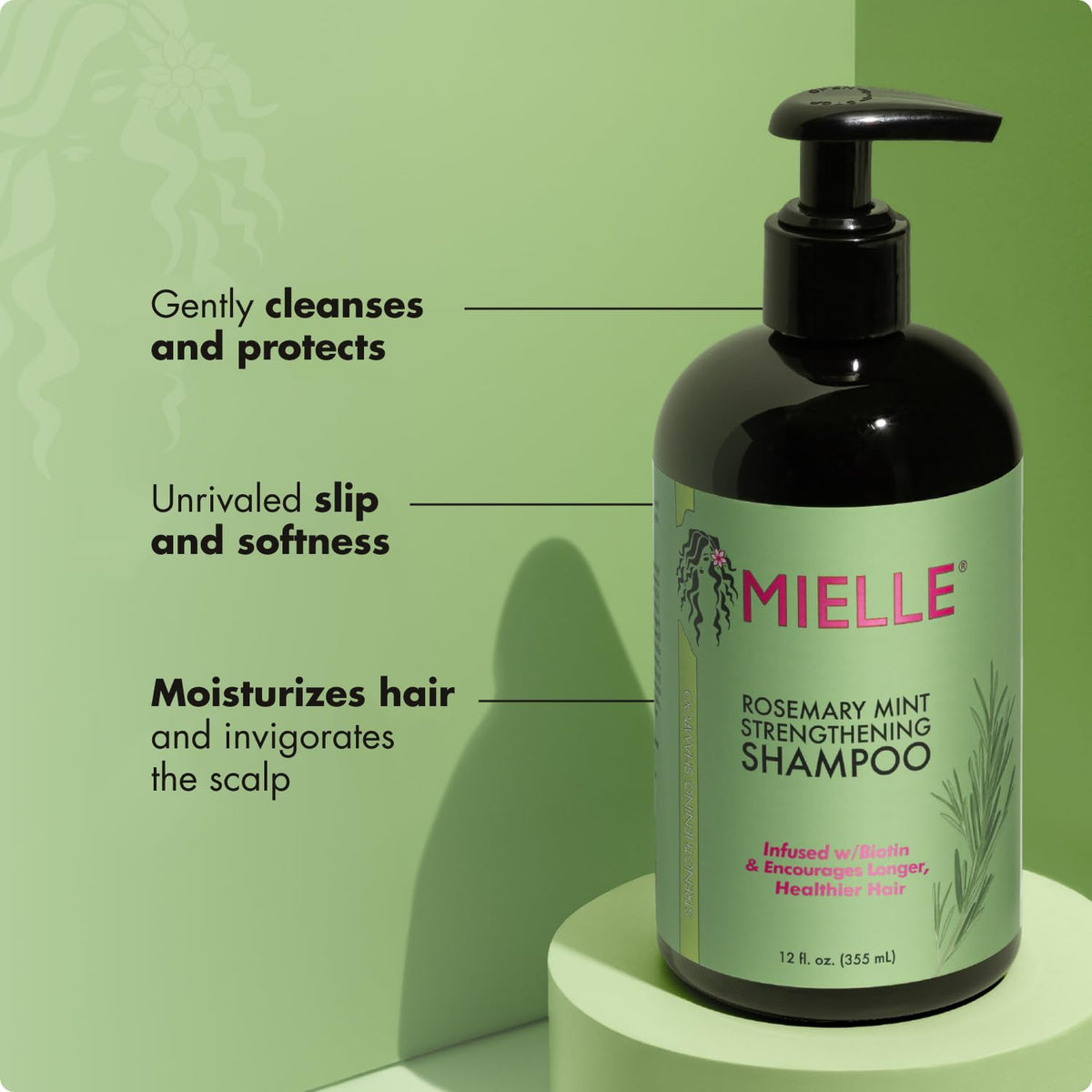 Mielle Organics Shampoo Fortifiant Rosemary Mint 20 oz en action sur cheveux