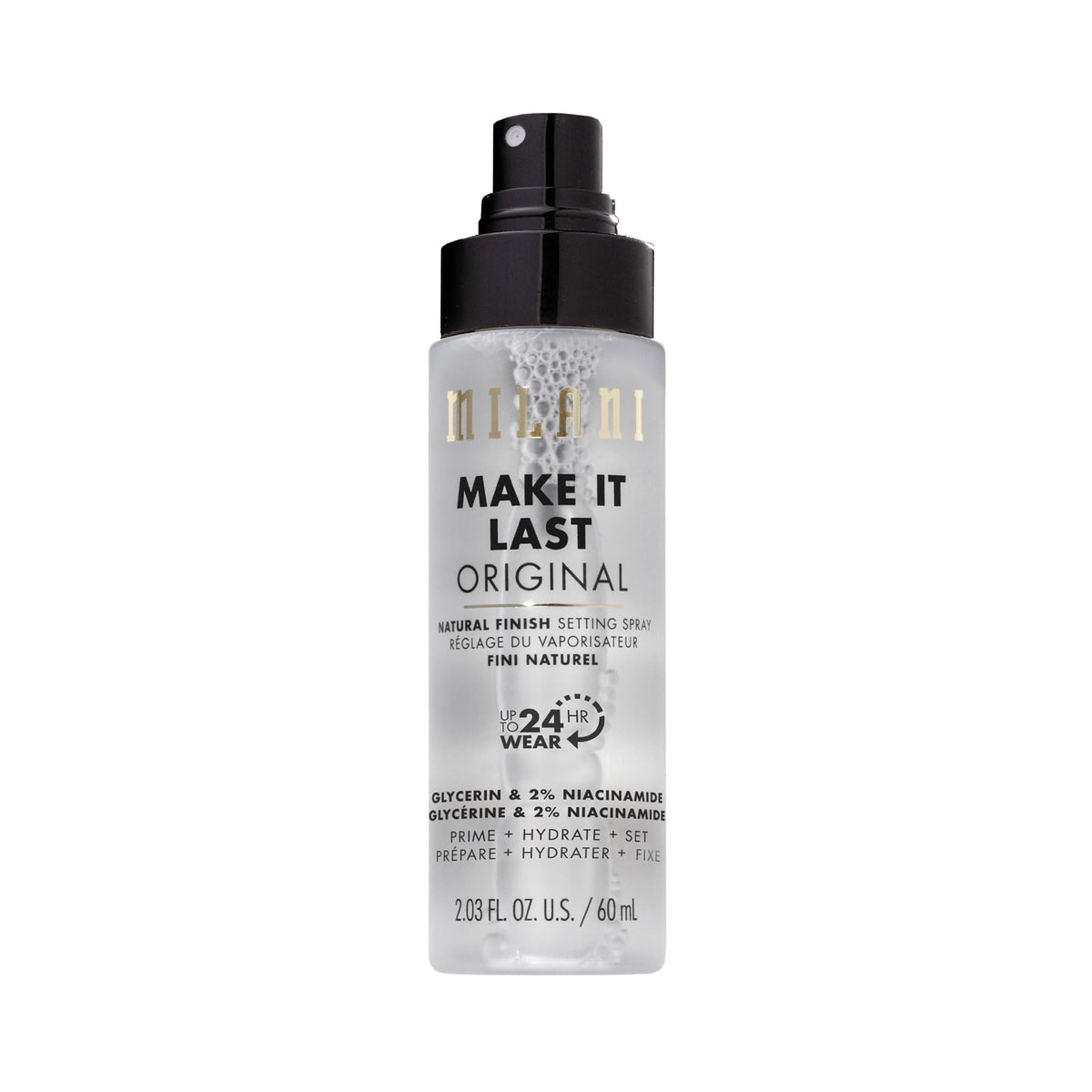 Milani Spray Fixateur 86g vue de face avec bouchon