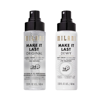 Milani spray fixateur de maquillage 2-pack vue avant avec finition mat et lumineux