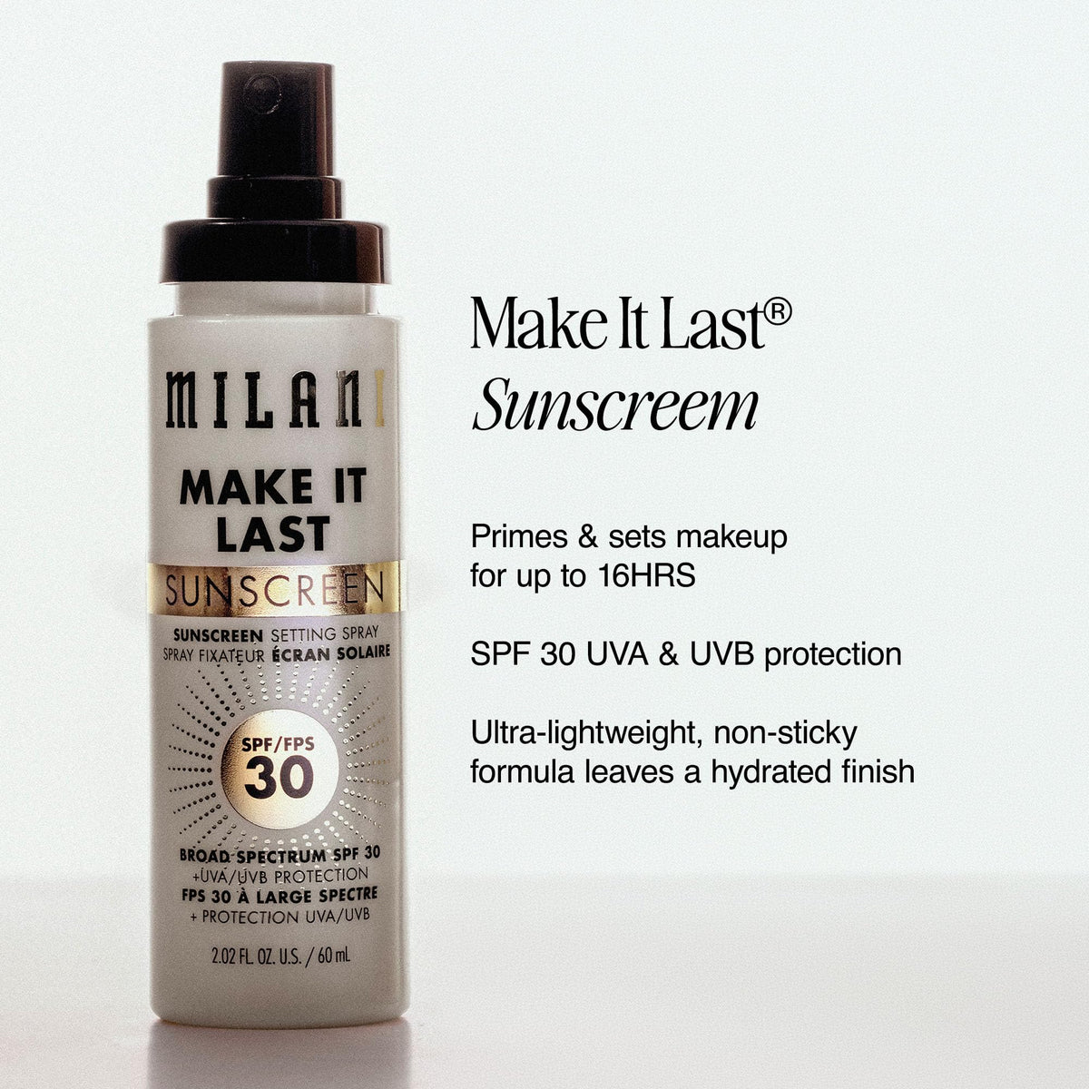 Milani Spray Fixateur Solaire SPF 30 application sur peau