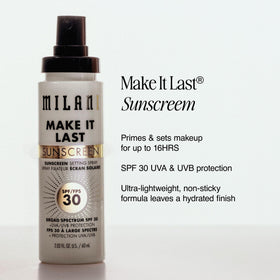 Milani Spray Fixateur Solaire SPF 30 application sur peau