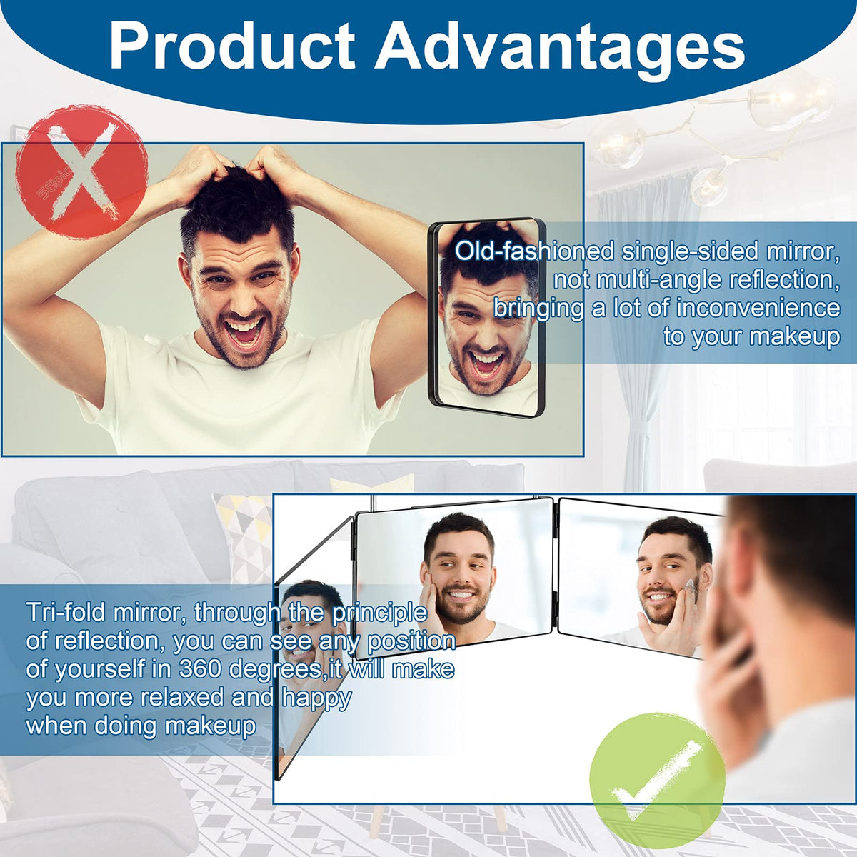 Miroir 3 voies LMZNXCZ affichant une coupe de cheveux