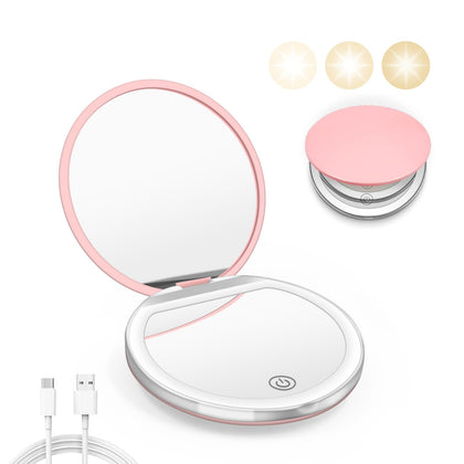 Miroir compact Kakuje rose avec lumière LED vue de face