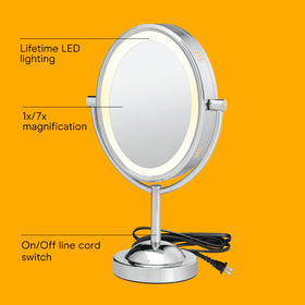 Miroir Conair avec éclairage LED et double face, gros plan sur le bouton d'alimentation
