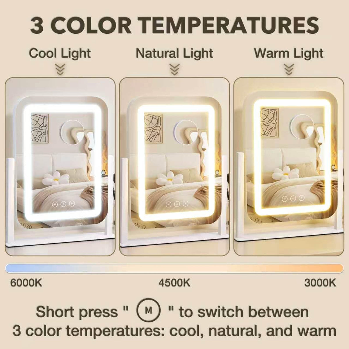 Miroir de maquillage avec éclairage LED en mode naturel