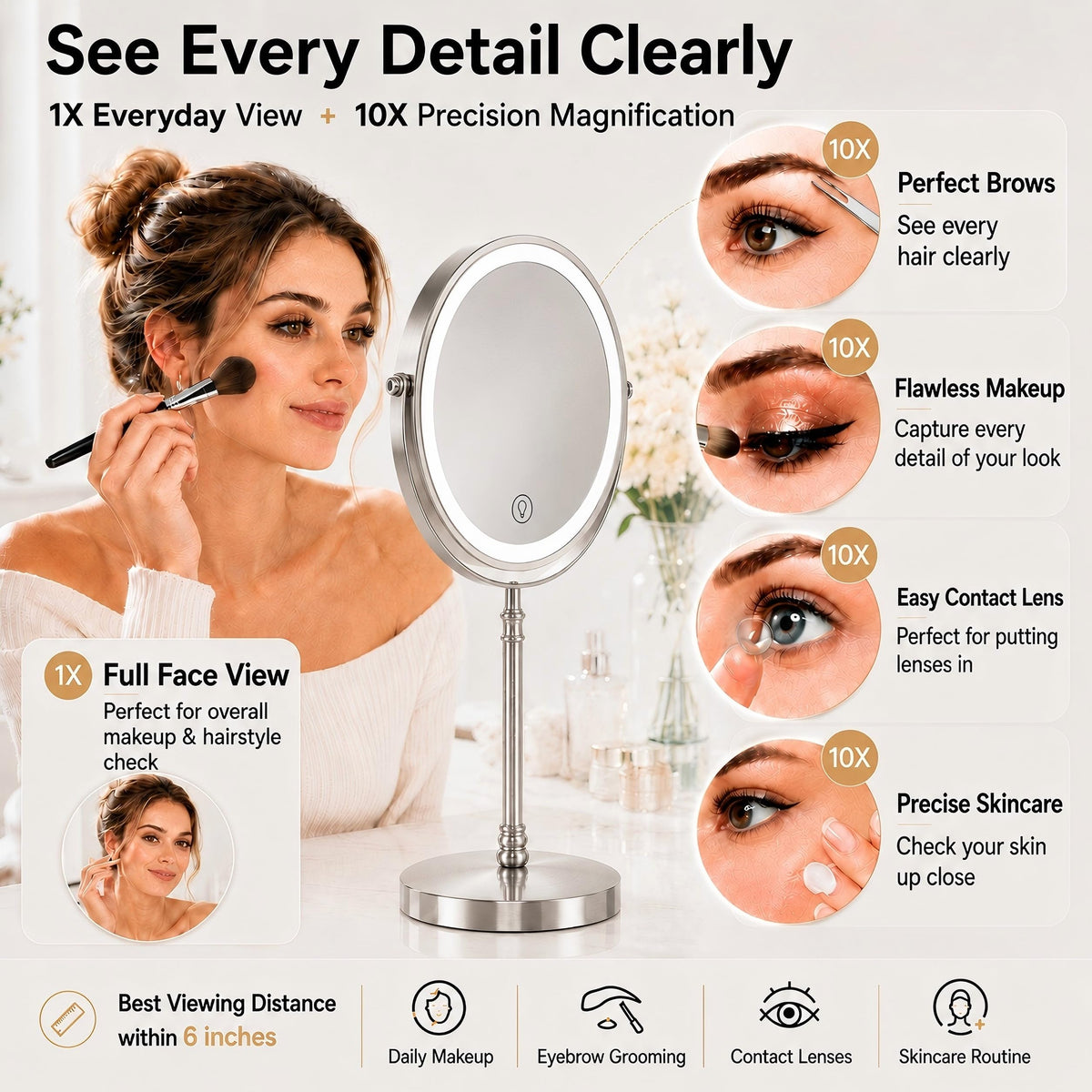 Miroir de maquillage DEIOVWXS 10X en position rotative