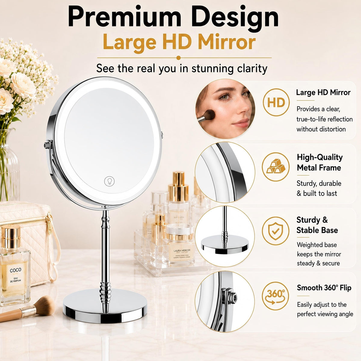 Miroir de maquillage DEIOVWXS avec éclairage LED allumé