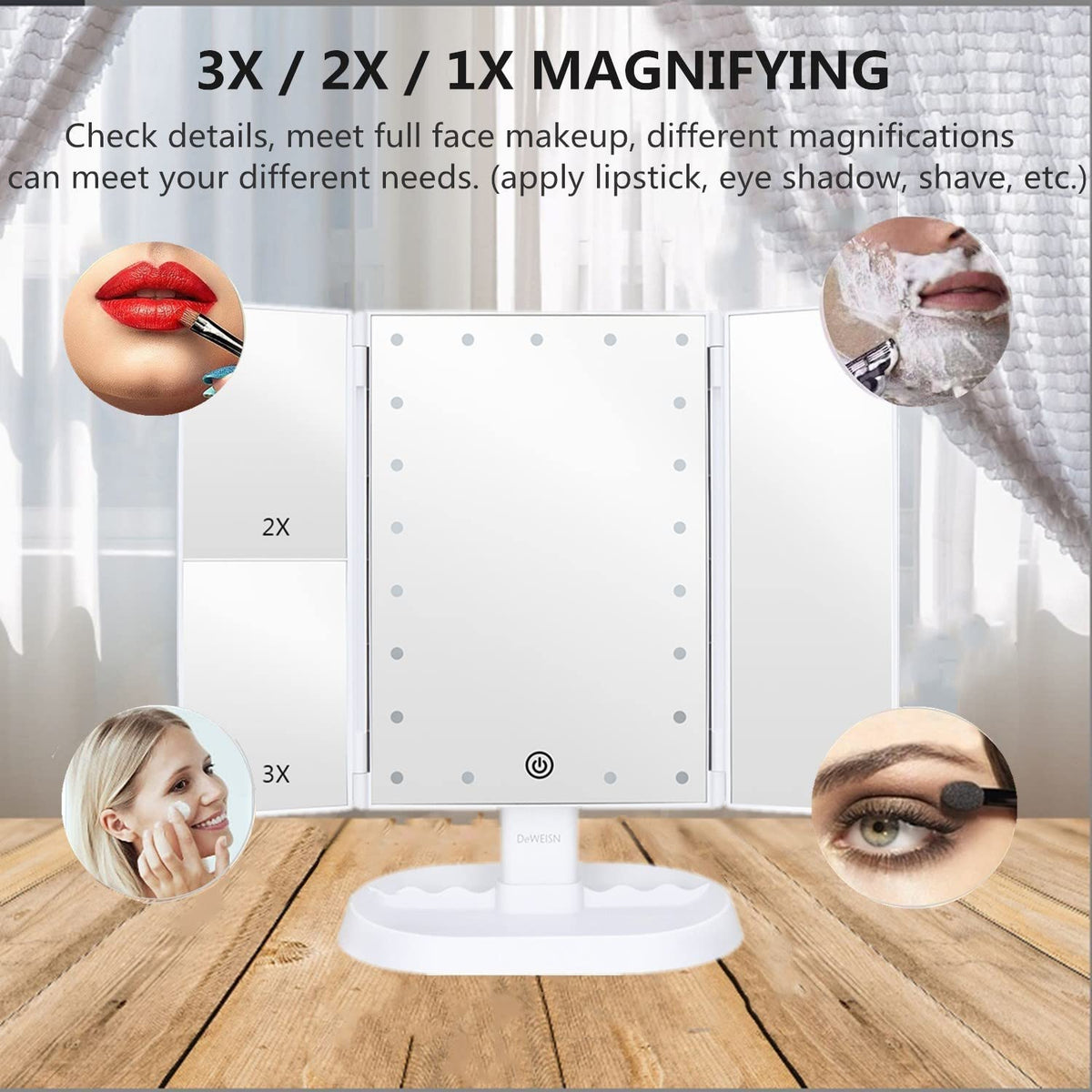 Miroir de maquillage deweisn en utilisation dans une pièce sombre