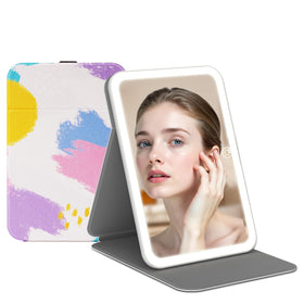 Miroir de maquillage éclairé FUNTOUCH avec couvercle en cuir PU