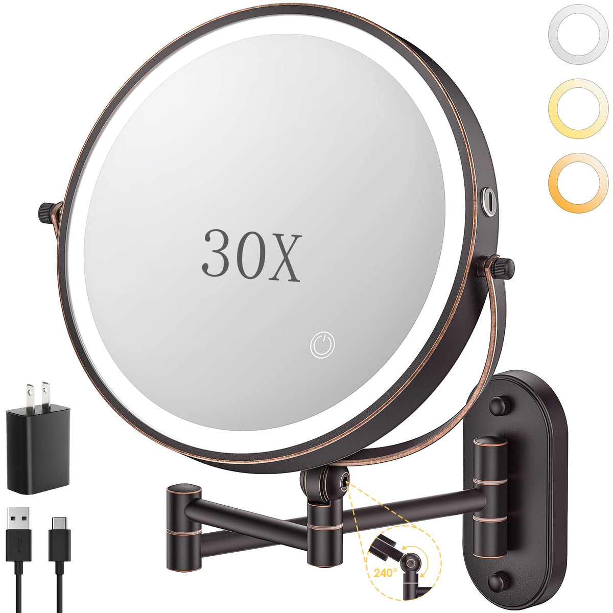 Miroir de maquillage éclairé ZLOKLA 9" vue avant avec lumière