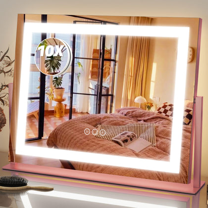 Miroir de maquillage FENNIO 22''x18'' rose vue avant avec éclairage