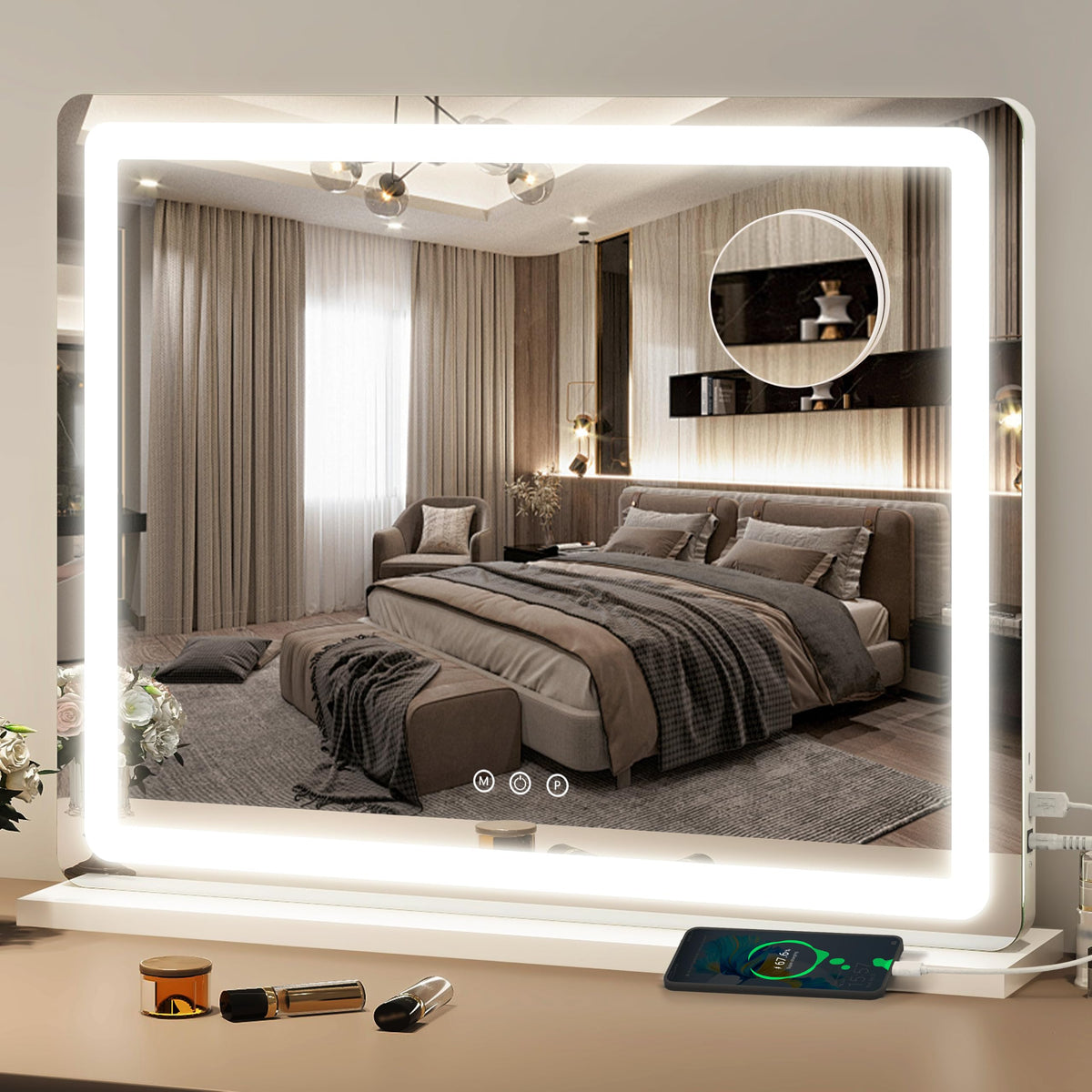 Miroir de maquillage FENNIO 23" x 18" blanc avec lumière LED