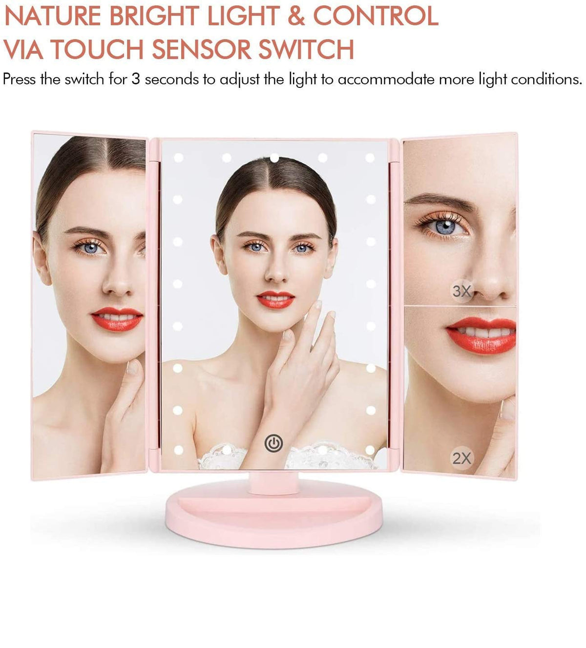 Miroir de maquillage Flymiro ouvert montrant les trois panneaux