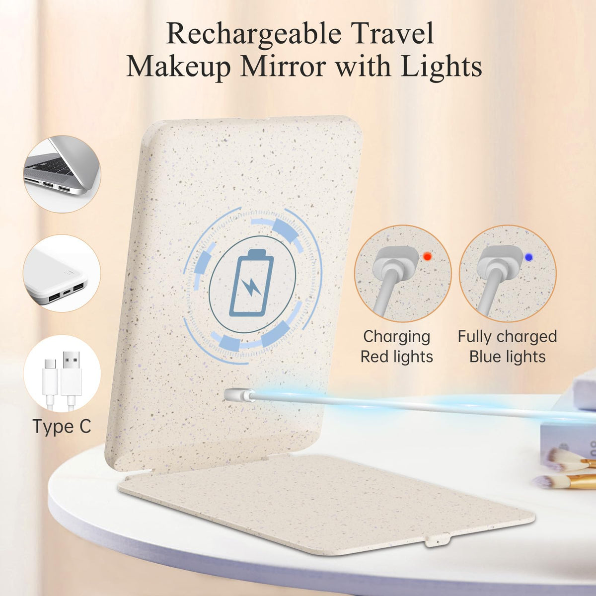Miroir de maquillage FUNTOUCH ouvert montrant les lumières LED