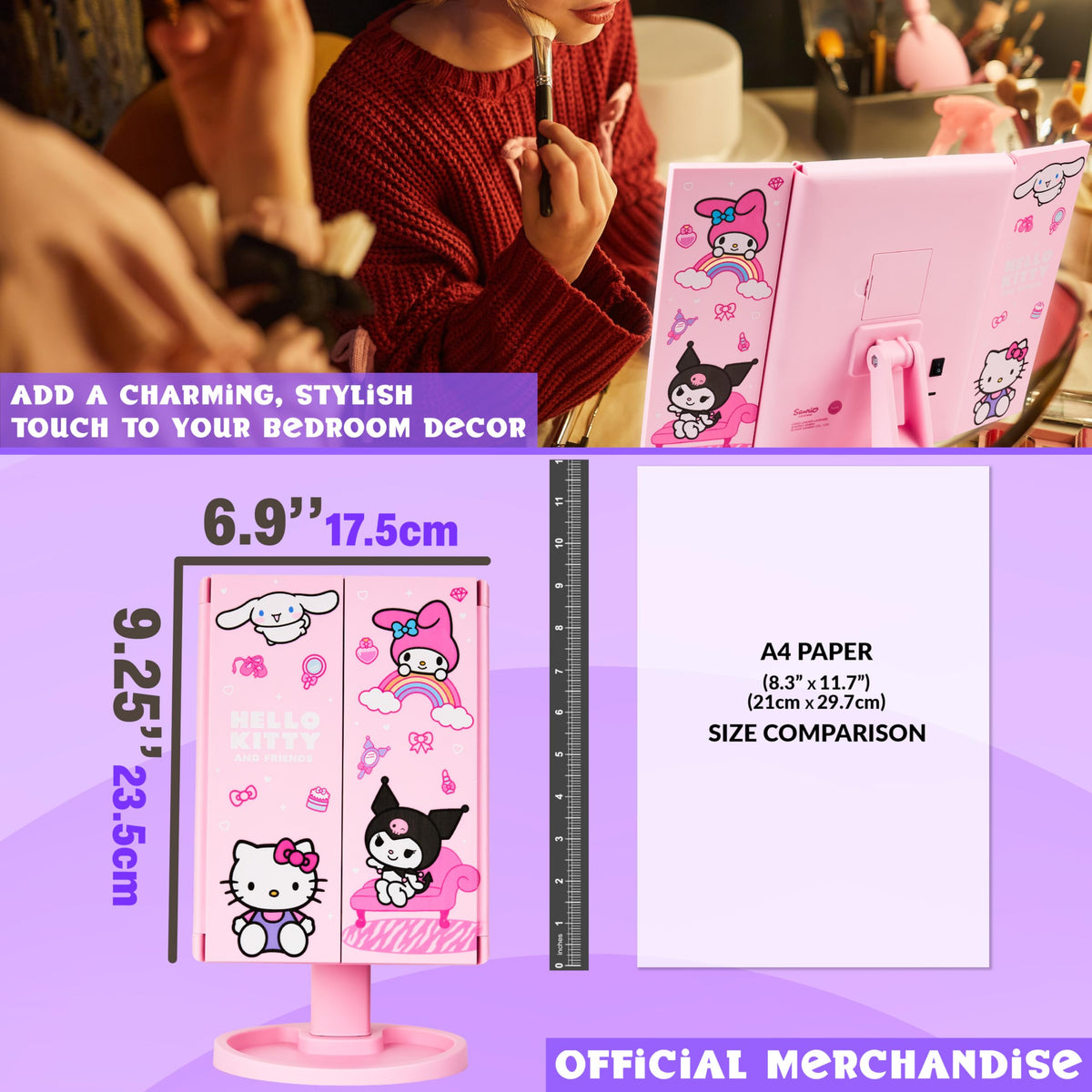 Miroir de maquillage Hello Kitty ouvert avec éclairage LED