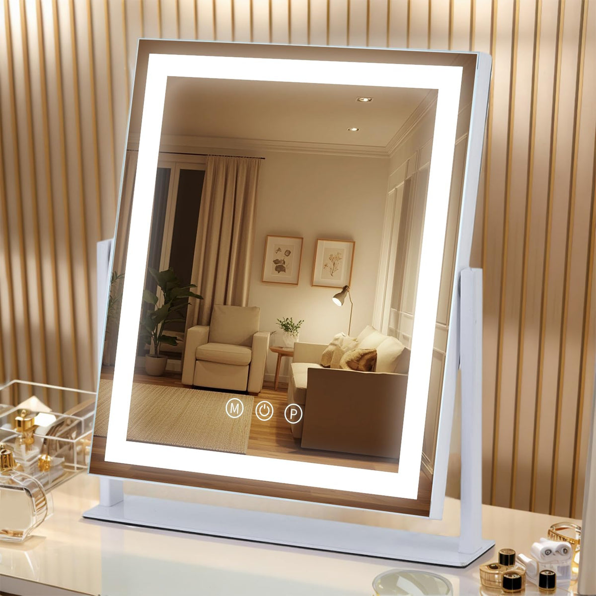 Miroir de maquillage homtang éclairé vue avant avec lumière allumée