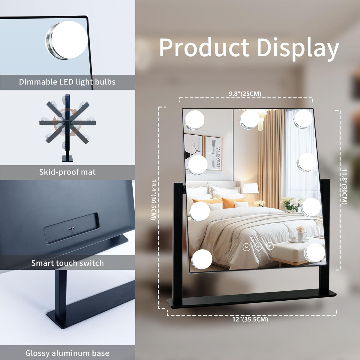 Miroir de maquillage Kotdning en position stable sur une table