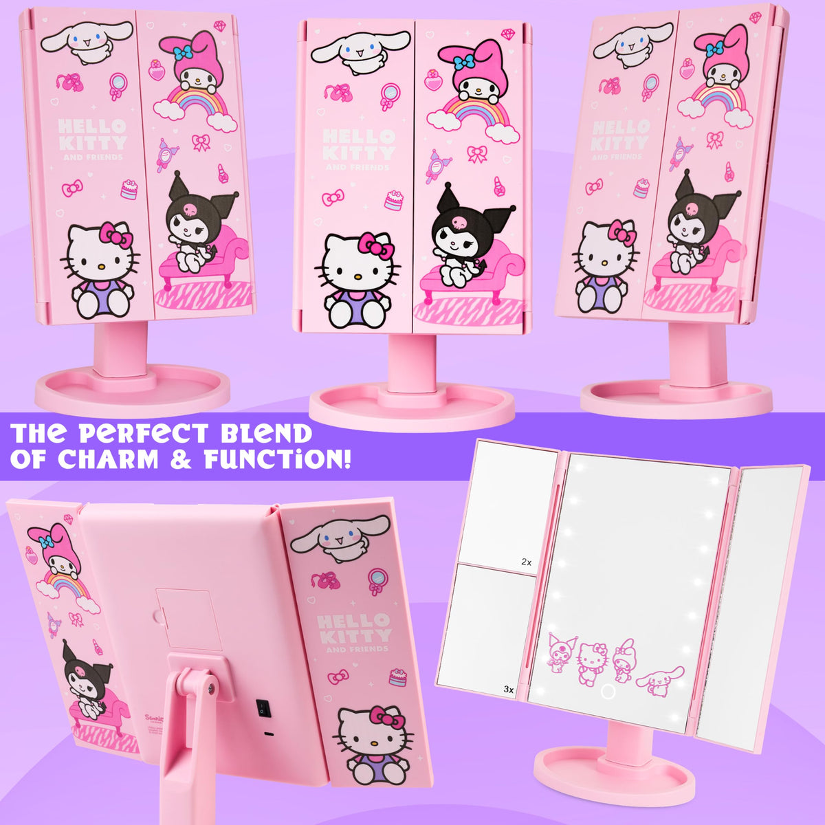 Miroir de maquillage LED Hello Kitty sur un bureau décoré