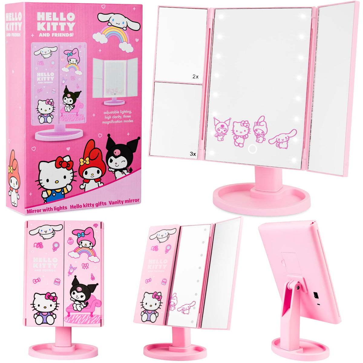 Miroir de maquillage LED Hello Kitty vue de face avec cadre rose