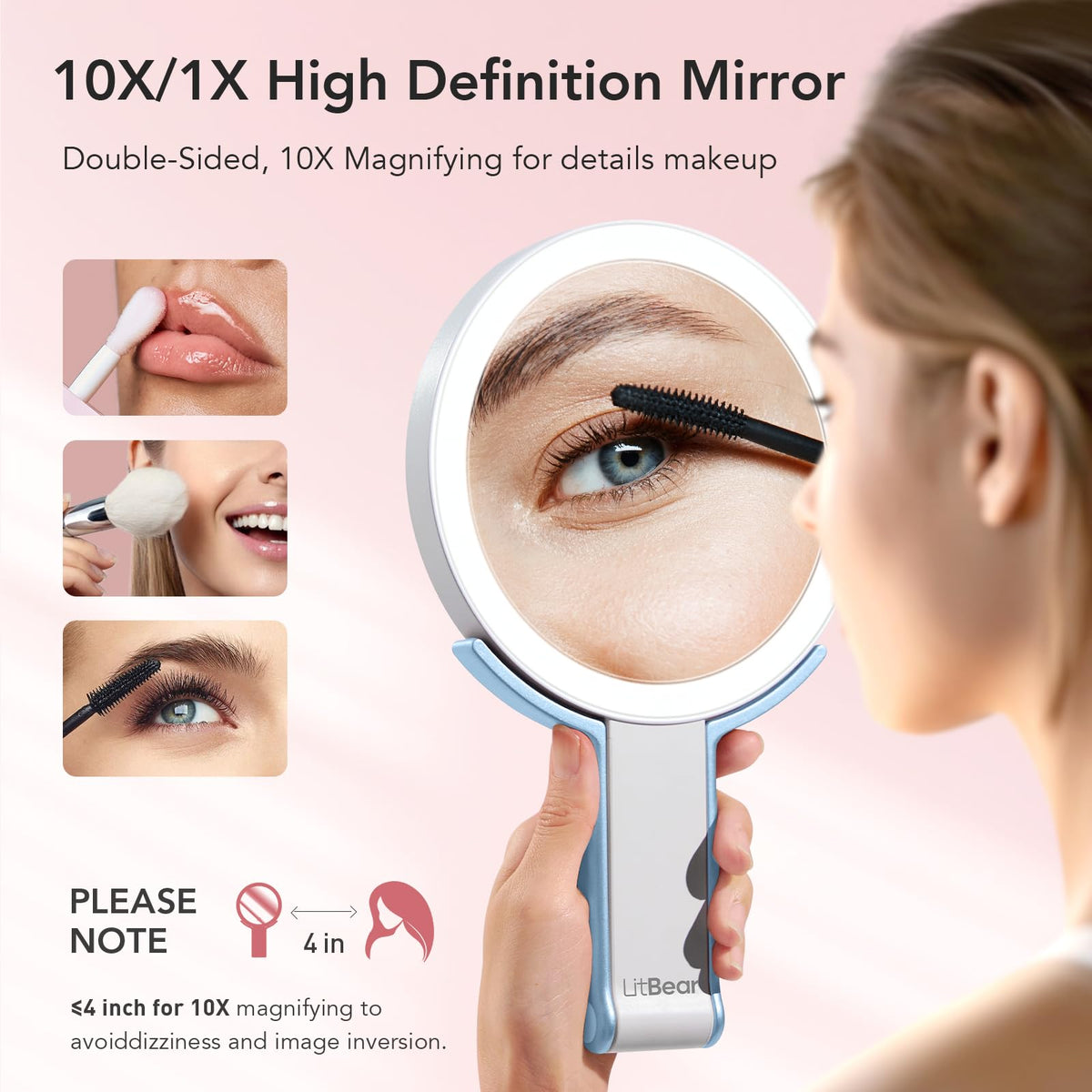 Miroir de maquillage LitBear vue arrière avec fiche de chargement USB Type-C