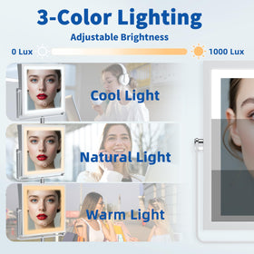 Miroir de maquillage Ruacq montrant les trois options d'éclairage