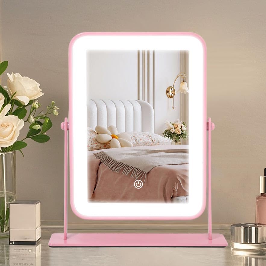 Miroir de maquillage YEKKOPT portable rose avec éclairage LED