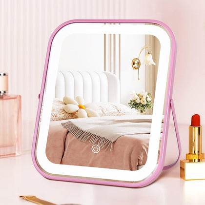 Miroir de maquillage YEKKOPT rose avec éclairage LED en vue de face