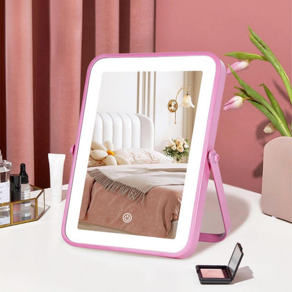 Miroir de maquillage YEKKOPT rose avec lumières LED vue de face