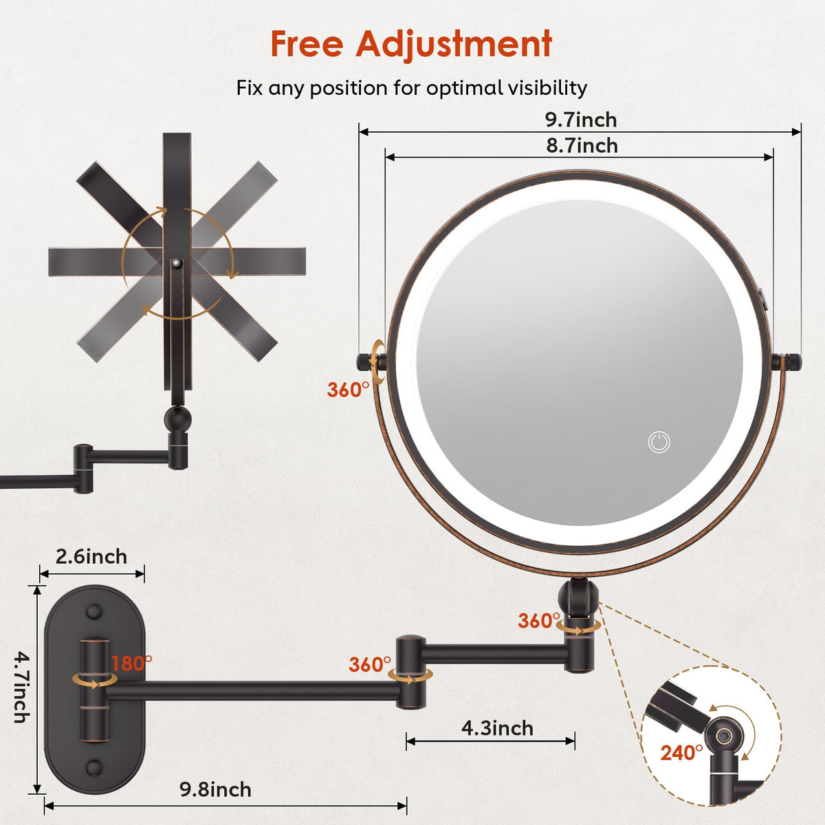 Miroir de maquillage ZLOKLA en nickel perlé avec éclairage
