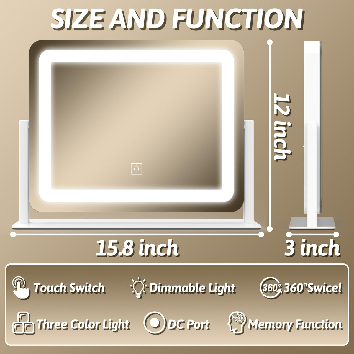 Miroir FENNIO affichant la lumière du jour avec réglage de luminosité