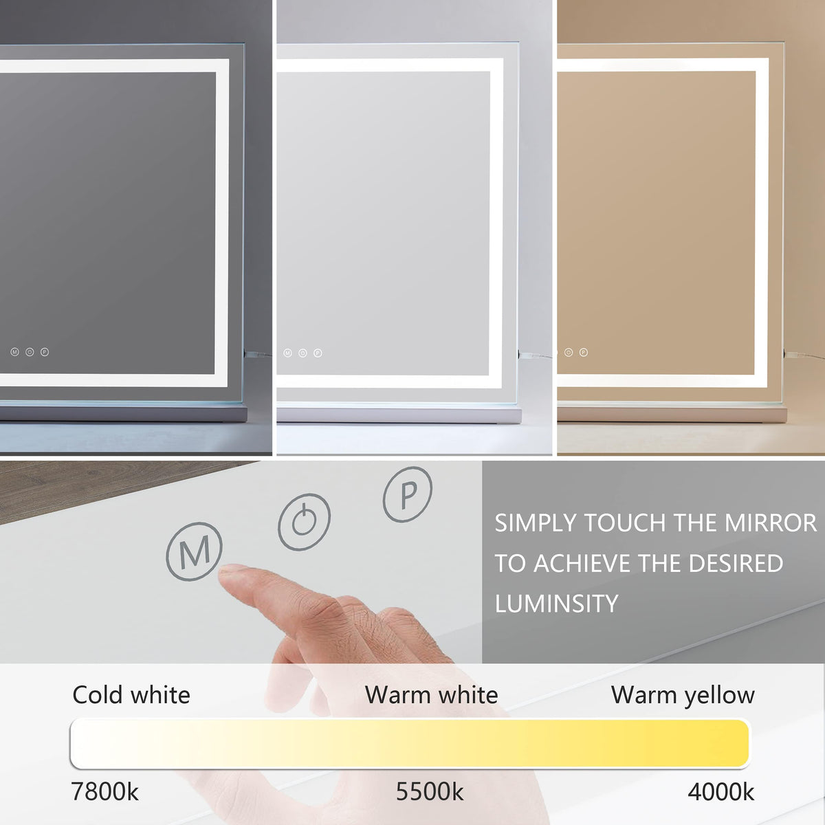 Miroir HIEEY avec trois modes de lumière en gros plan