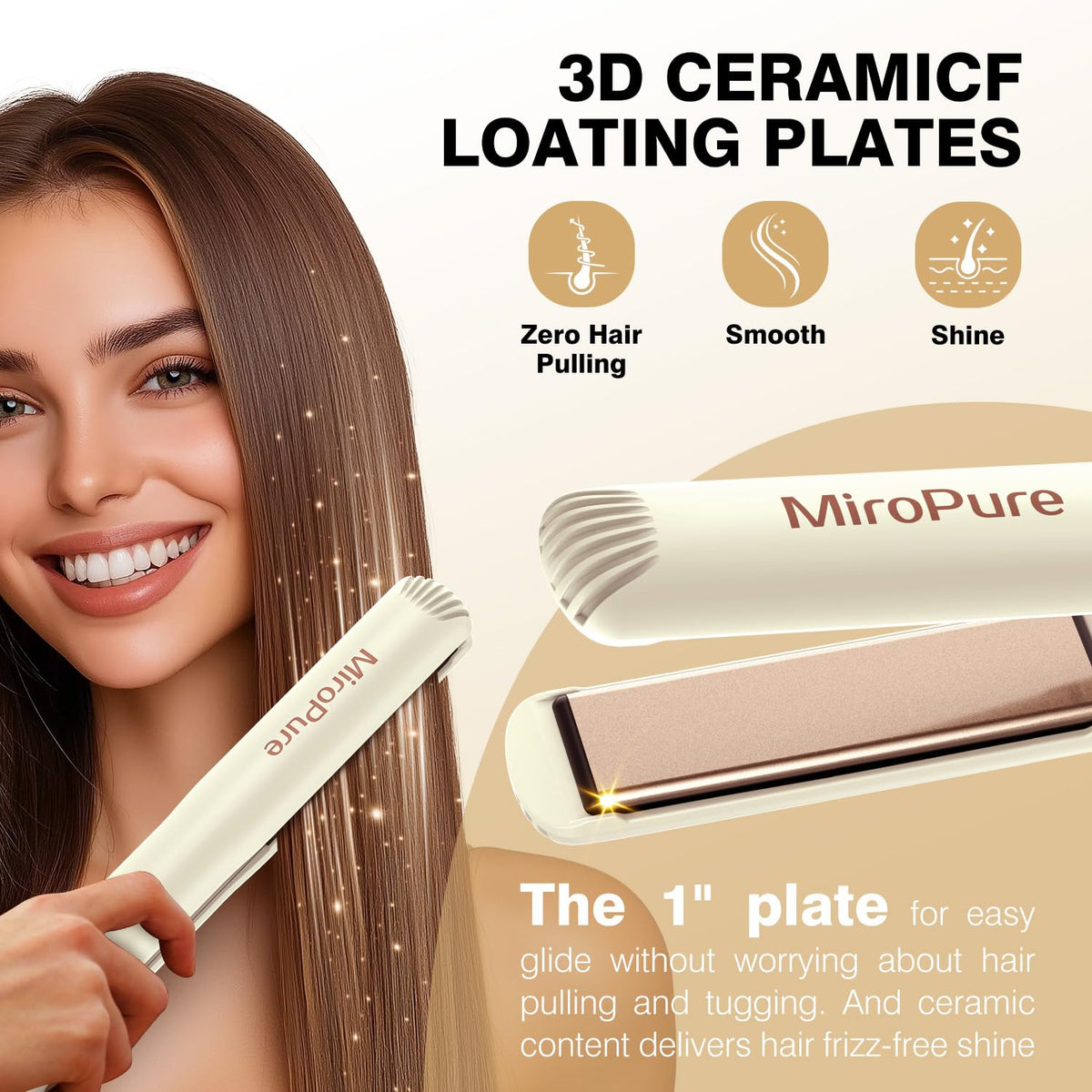 MiroPure fer à lisser beige en utilisation sur cheveux