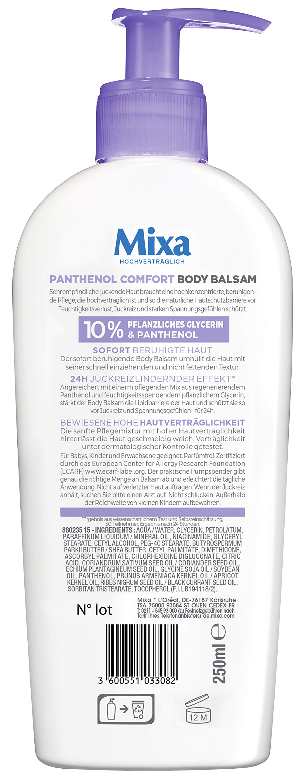 Mixa Baume Corporel Panthénol 250ml arrière vue avec étiquette