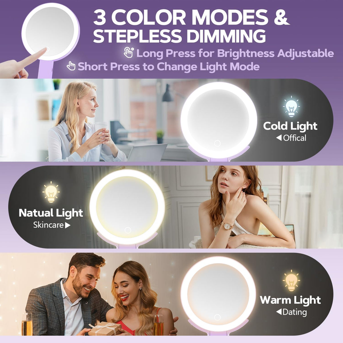 MIYADIVA miroir de maquillage éclairé violet en utilisation sur une coiffeuse