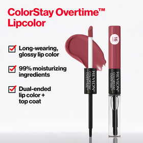 Model wearing REVLON ColorStay Overtime Lipcolor 320 Faithful Fawn