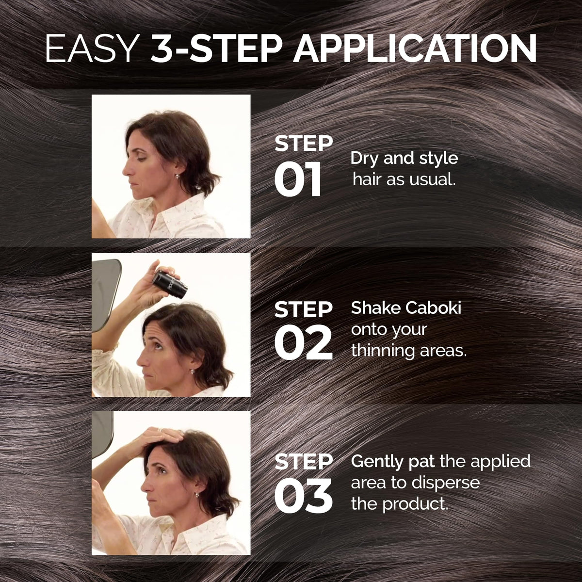 Modèle avec cheveux plus denses grâce aux fibres Caboki