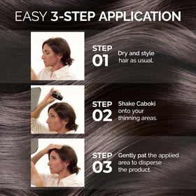 Modèle avec cheveux plus denses grâce aux fibres Caboki