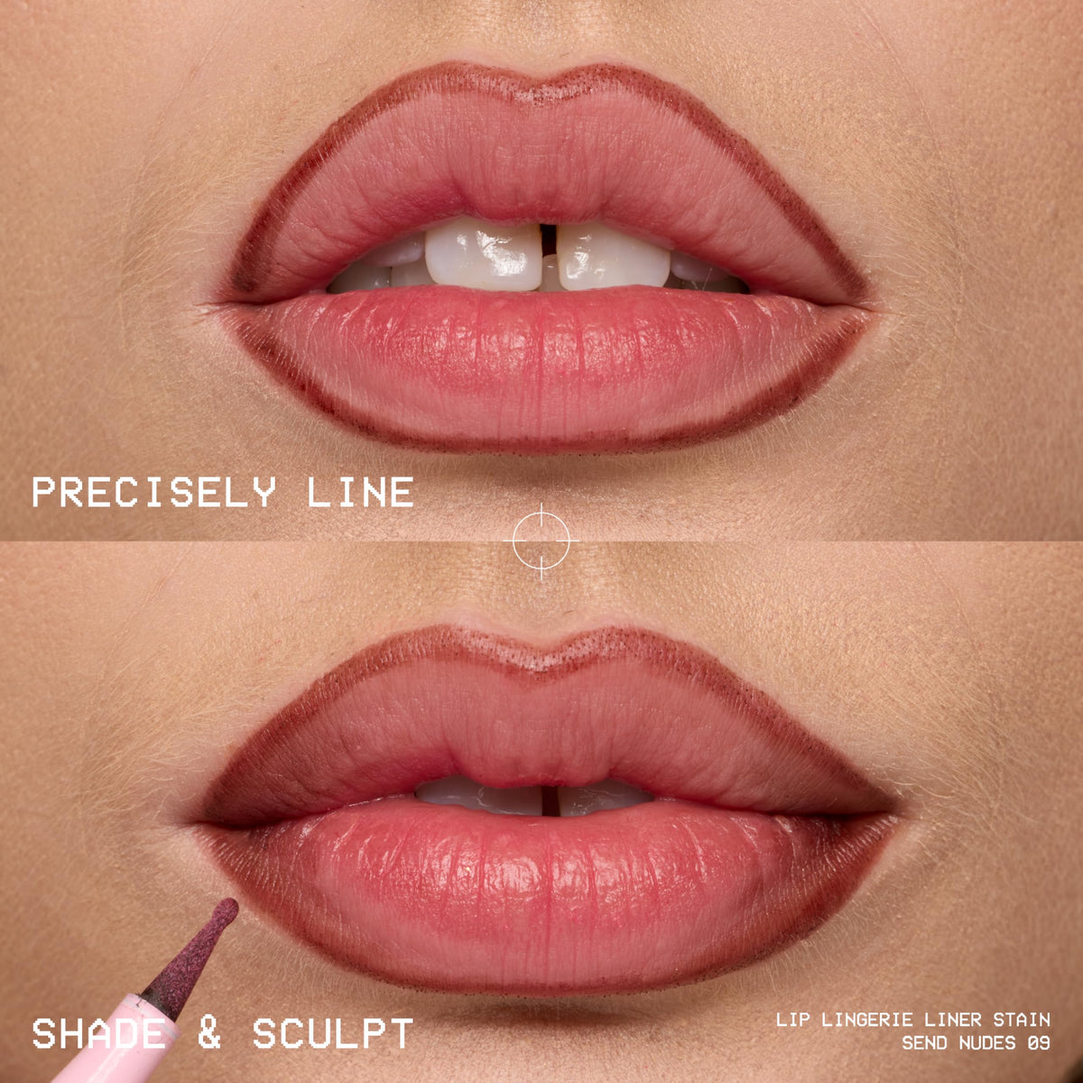 Modèle portant le crayon NYX Lip Lingerie Liner