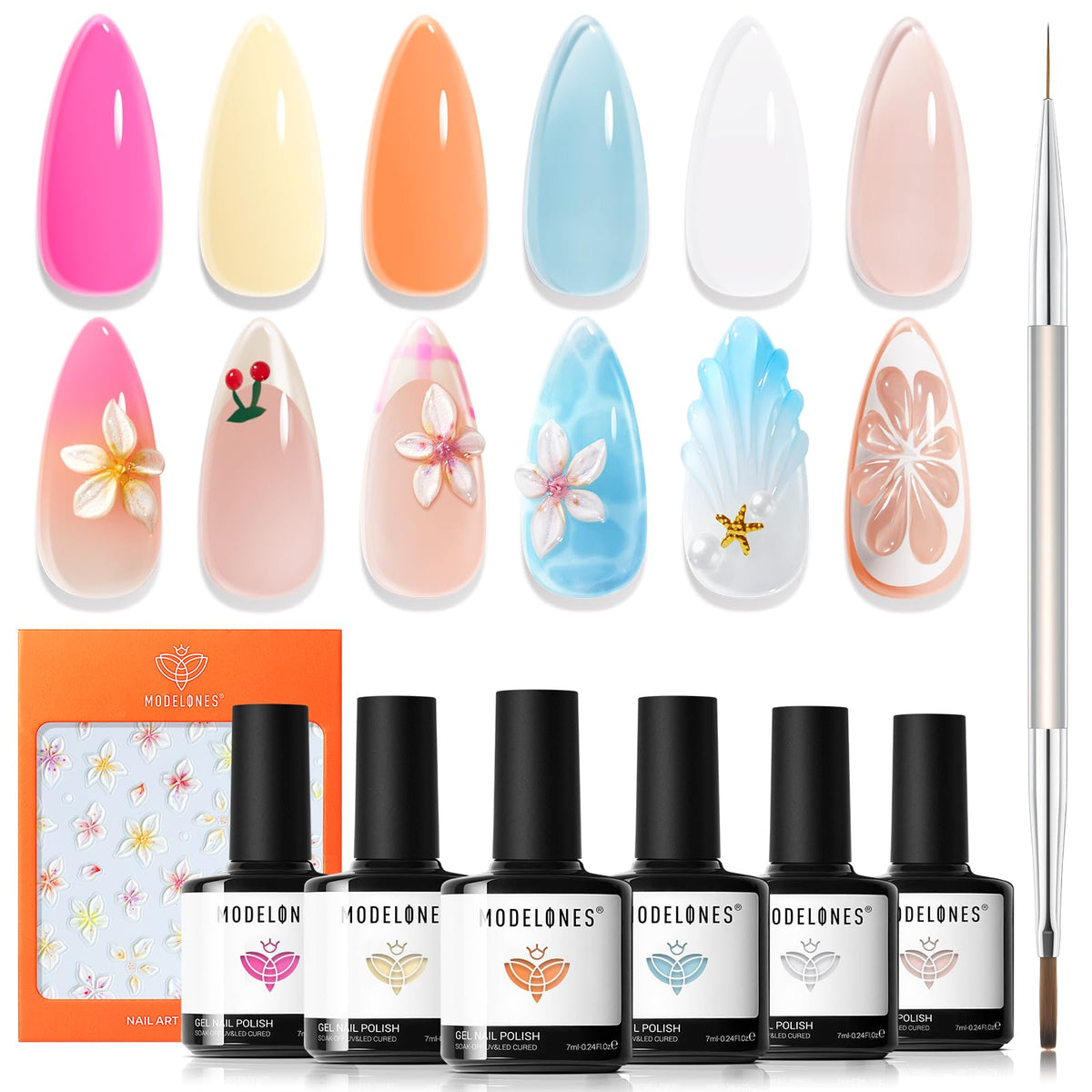 modelones set de vernis à ongles gel 6 couleurs avec stickers fleurs