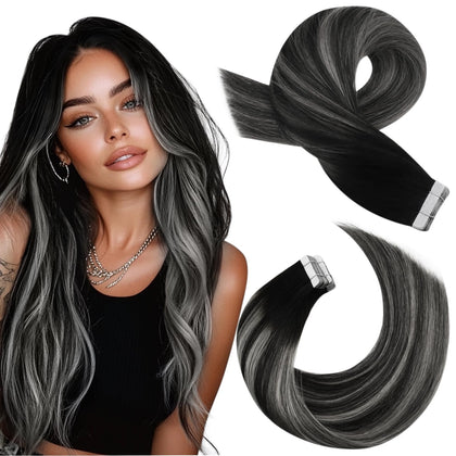 Moresoo extensions capillaires adhésives 18 pouces noir argent devant